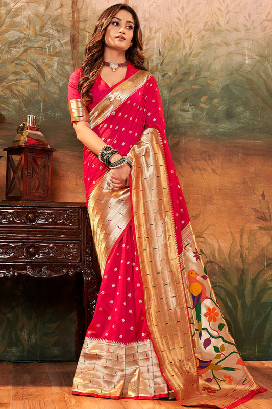 Most Stunning Dark Pink Paithani Silk Saree With Angelic Blouse Piece - Mameraa