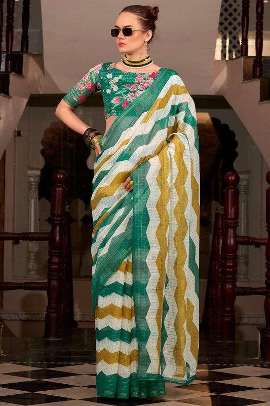 Ratatouille Green and Mustard Digital Printed Cotton Silk Saree With Engaging Blouse Piece - Mameraa