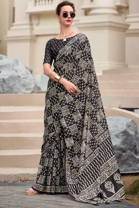 Cynosure Black Printed Mul Cotton Saree With Beleaguer Blouse Piece - Mameraa