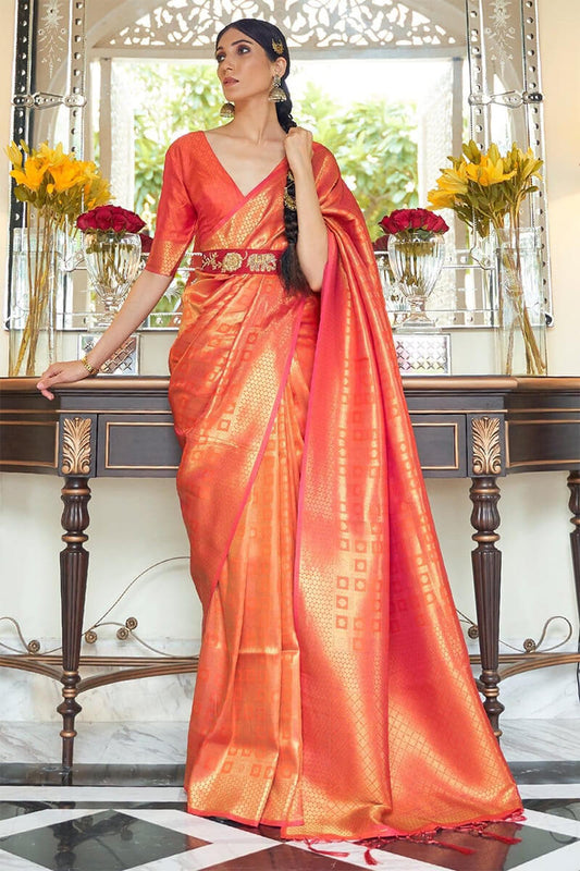 Panoply Orange Kanjivaram Silk Saree with Luxuriant Blouse Piece - Mameraa