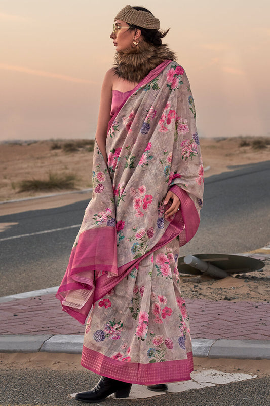 Ideal Grey Digital Printed Cotton Silk Saree With Demesne Blouse Piece - Mameraa