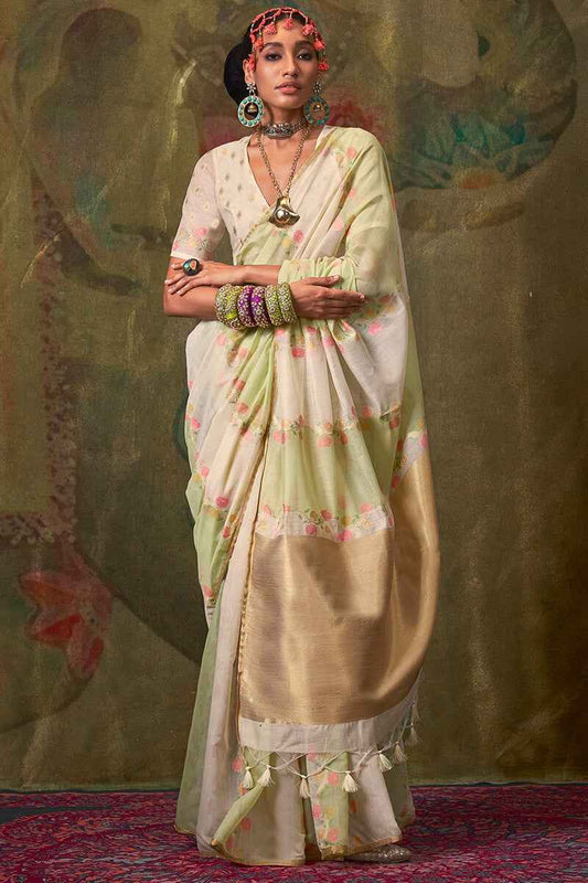 Whimsical Beige and Pista Cotton Silk Saree With Seraphic Blouse Piece - Mameraa