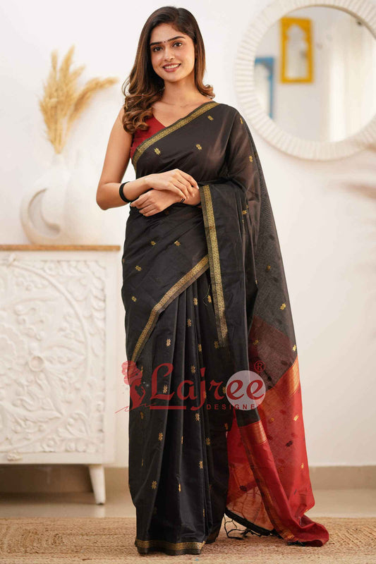 Trendy Black Cotton Silk Saree With Marvellous Blouse Piece - Mameraa