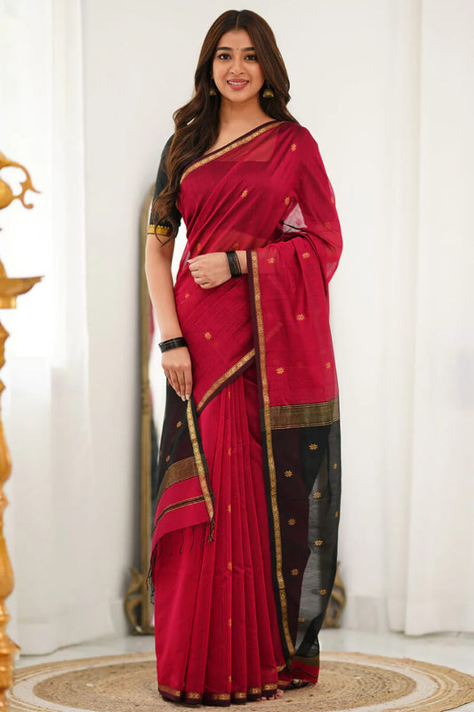Seraphic Red Cotton Silk Saree With Mellifluous Blouse Piece - Mameraa