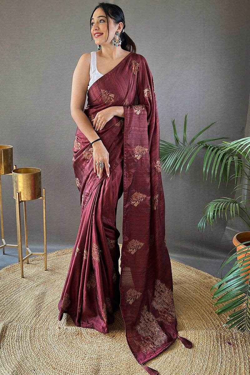 Ravishing Brown Embroidery Work Soft Silk Saree With Resonant Blouse Piece