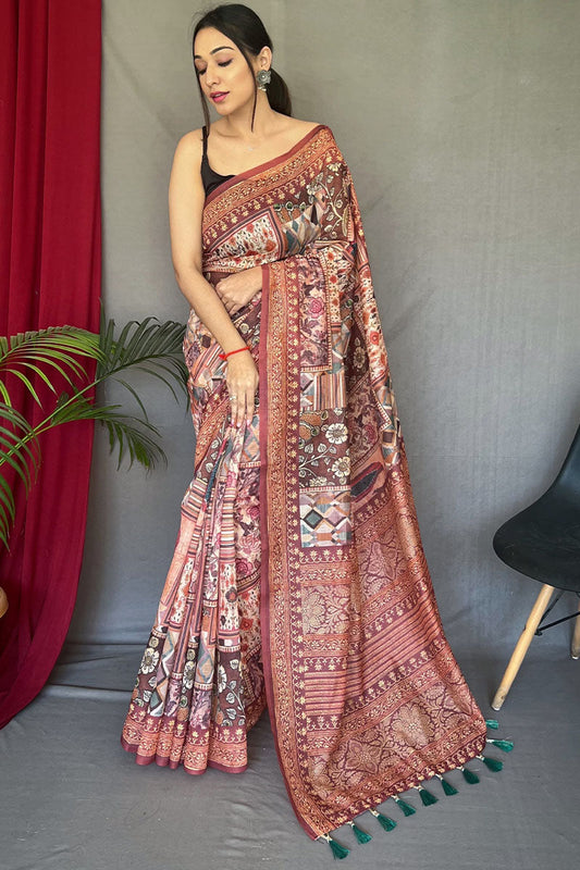 Hypnotic Brown Digital Printed Cotton Silk Saree With Radiant Blouse Piece - Mameraa