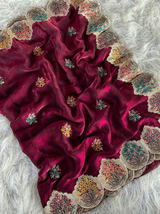 Sempiternal Wine Embroidery Work Fendy Silk Saree With Flattering Blouse Piece - Mameraa