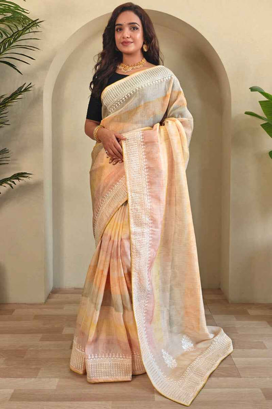 Symmetrical Peach Sequence Work Organza Silk Saree With Pulsating Blouse Piece - Mameraa