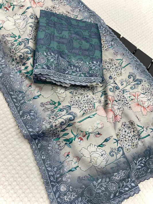 Designer Grey Embroidery Work Tussar Silk Saree With Stylish Blouse Piece - Mameraa