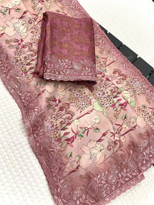 Cynosure Wine Embroidery Work Tussar Silk Saree With Flaunt Blouse Piece - Mameraa