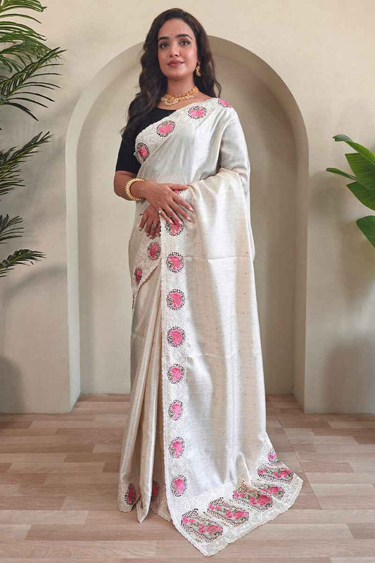 Surpassing Off White Embroidery Work Tussar Silk Saree With Dissemble Blouse Piece - Mameraa