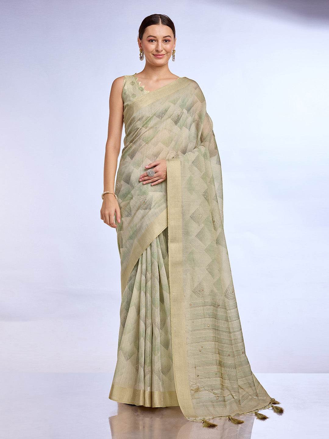 Green Tissue Linen Saree With Blouse Piece