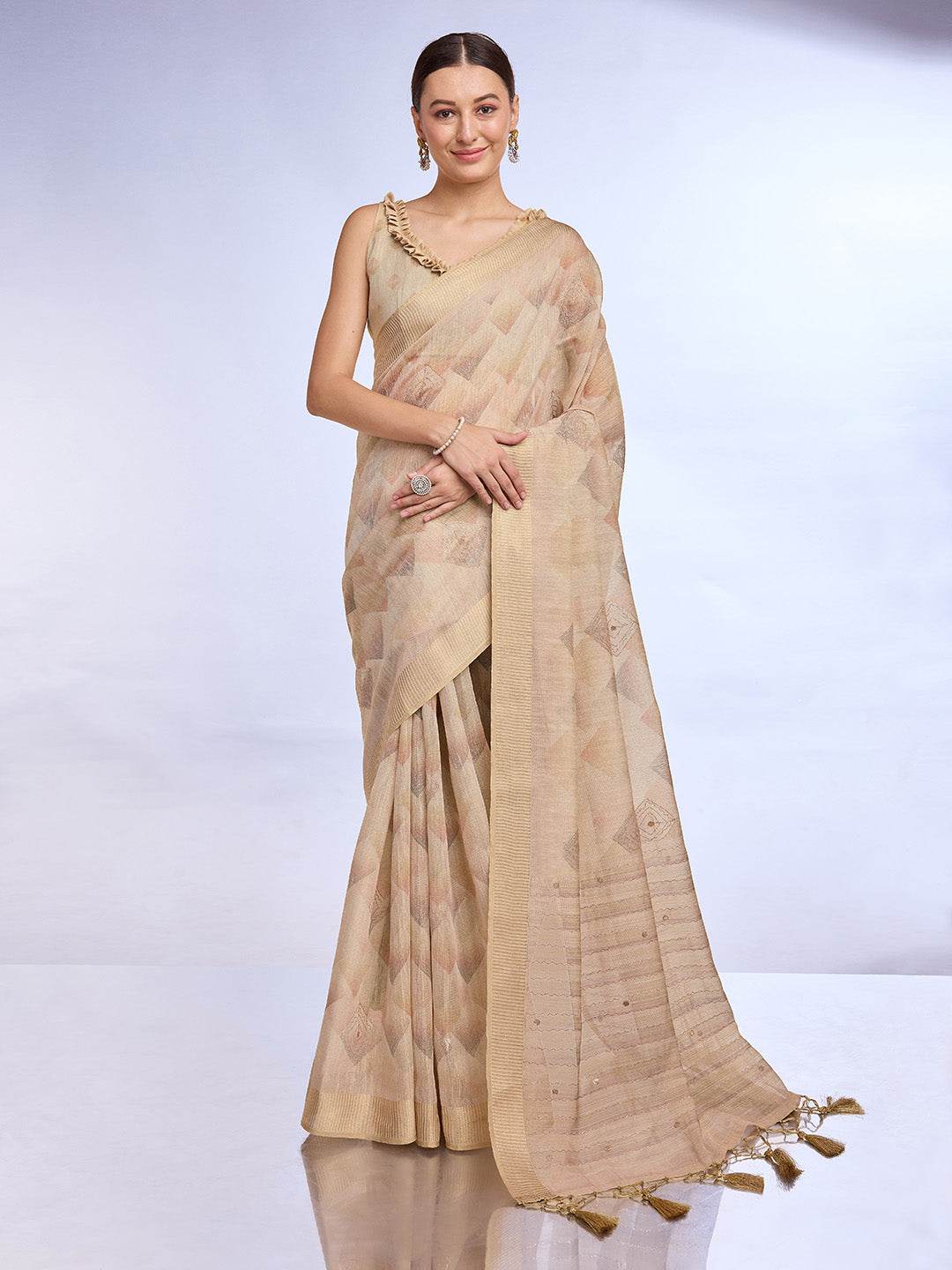 Cream Tissue Linen Saree With Blouse Piece