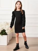 image, Girls Black Pearl Embellished Puff Sleeve Bodycon Dress