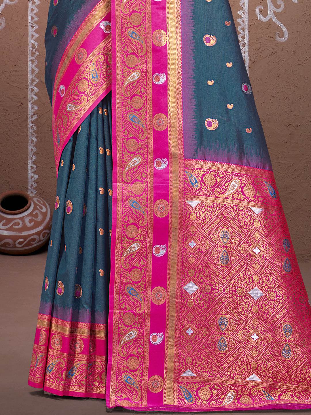 Teal Silk Saree With Blouse Piece