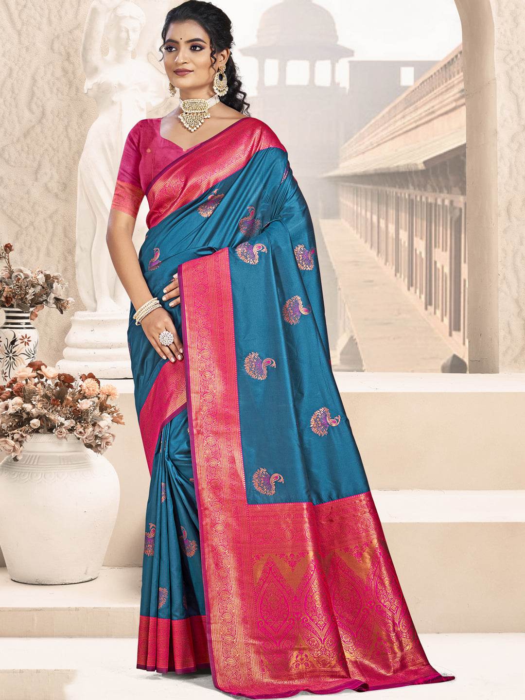 Blue Silk Saree With Blouse Piece