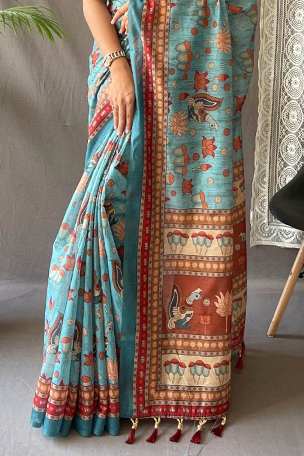 Cornflower Blue Kalamkari Saree