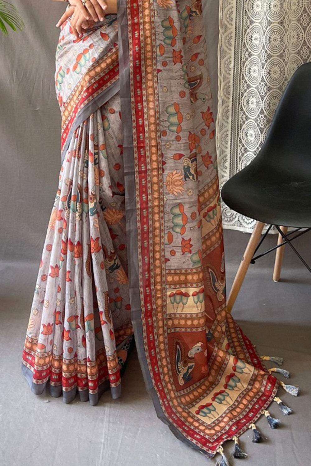Pearl River Grey Kalamkari Saree