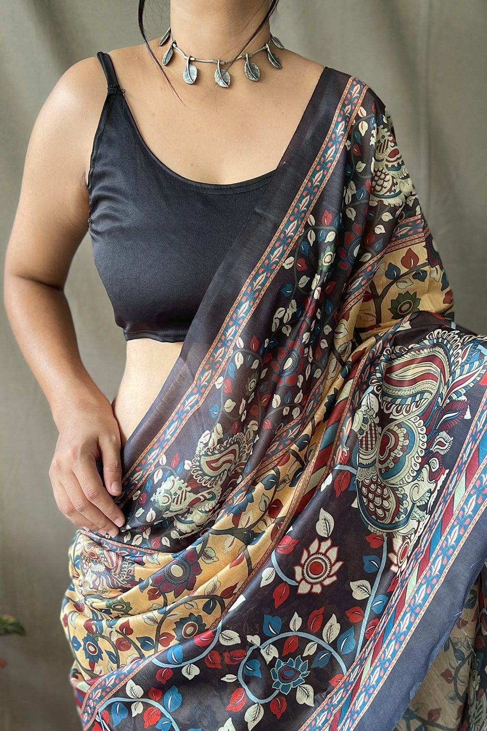 Yellow & Black Kalamkari Saree With Blouse Piece