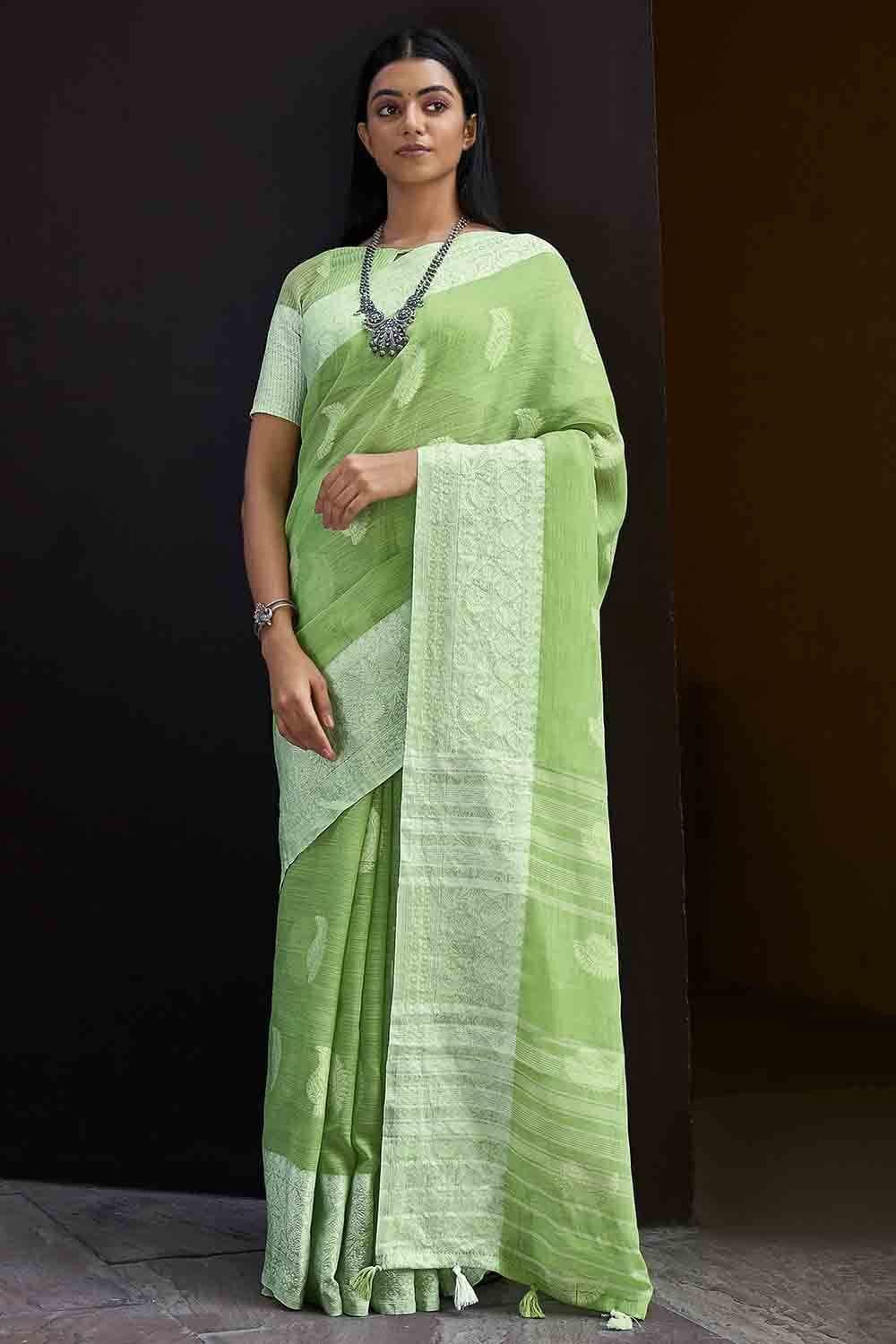 Pear Green Linen Saree