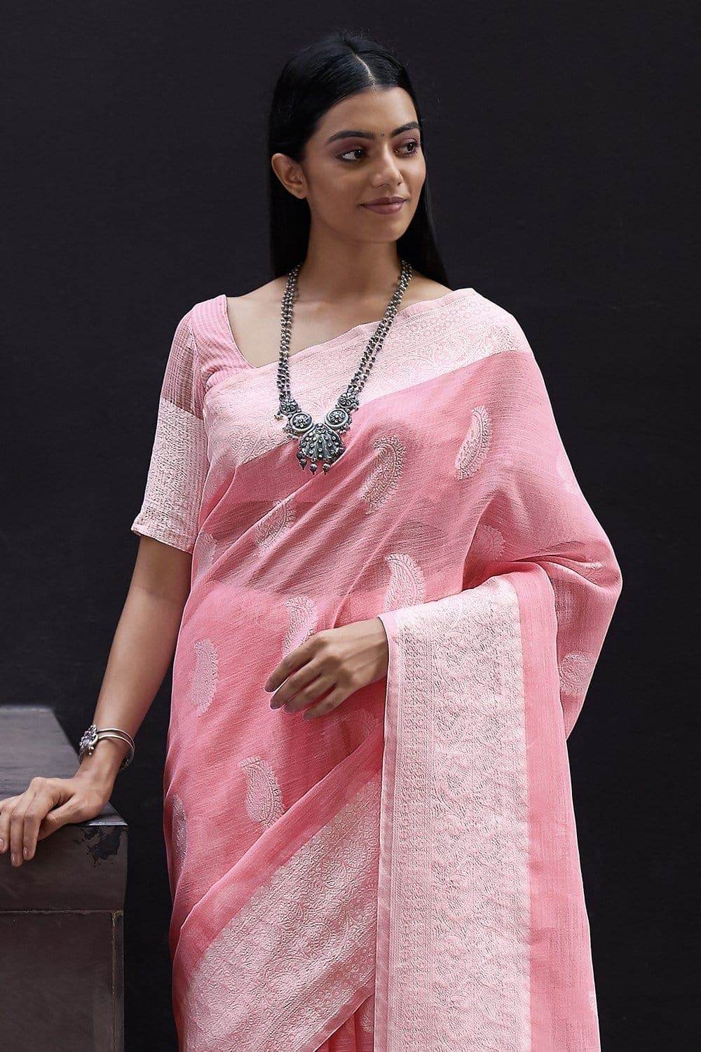 Pink Linen Saree