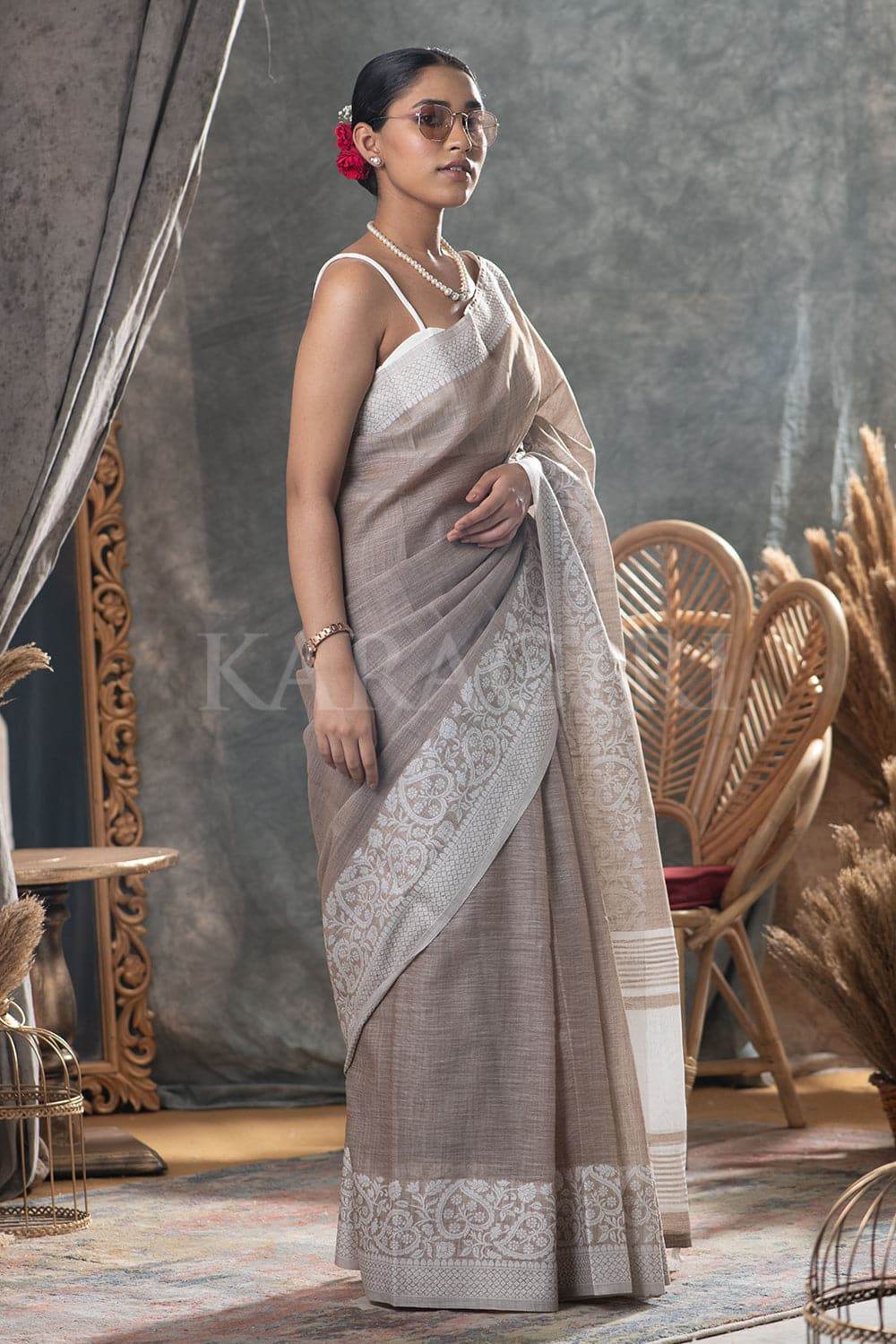 Tan Beige Linen Saree