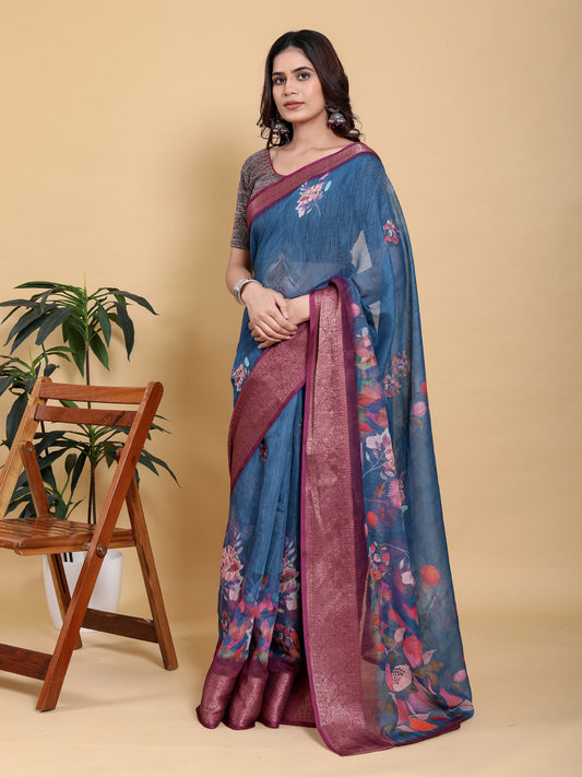 Premium Organza Silk Floral Printed Saree with Wine Zari Border