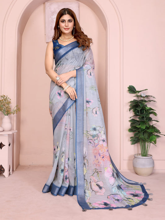 Premium Linen Cotton Floral Printed Saree with Elegant Blue Border