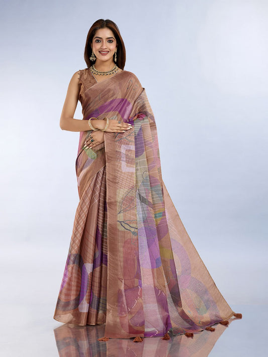 Premium Linen Cotton Abstract Printed Saree with Elegant Coffee Brown Border