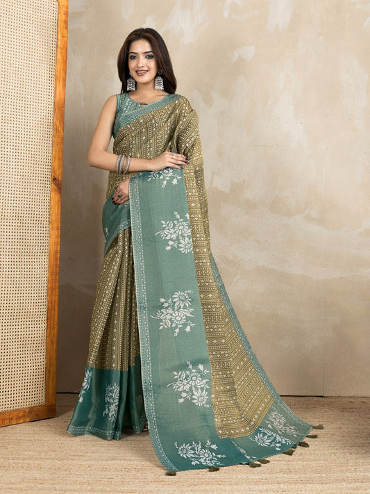 Premium Linen Cotton Floral Printed Saree with Elegant Sage Green Border