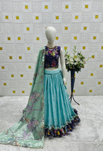 image, Girls Aqua Blue Pleated Lehenga Choli with Printed Border and Designer Blouse