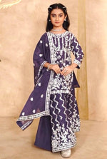 image, Girls Embroidered Sharara Suit Set with Kurti and Dupatta