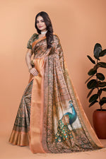 image, Bronze & Olive Green Soft Silk Saree with Majestic Peacock Pallu