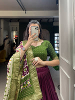 image, Mameraa Wine & Olive Green Patola Lehenga Choli with Banarasi Border & Printed Dupatta