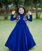image, Royal Blue Velvet Embroidered Gown for Girls