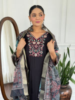 image, Women Black Embroidered Kurta Set with Floral Organza Dupatta