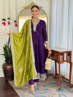 image, Women Purple Embroidered Kurta Set with Green Dupatta