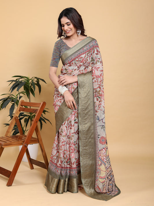 Premium Organza Silk Floral Printed Saree with Antique Gold Zari Border