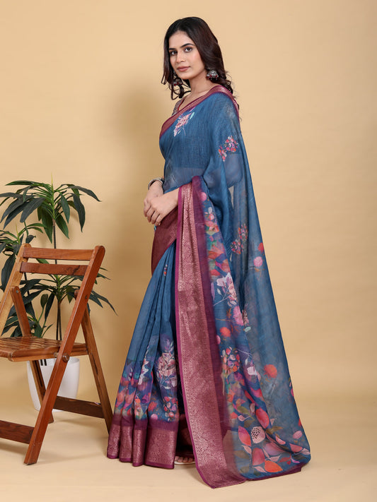 Premium Organza Silk Floral Printed Saree with Wine Zari Border