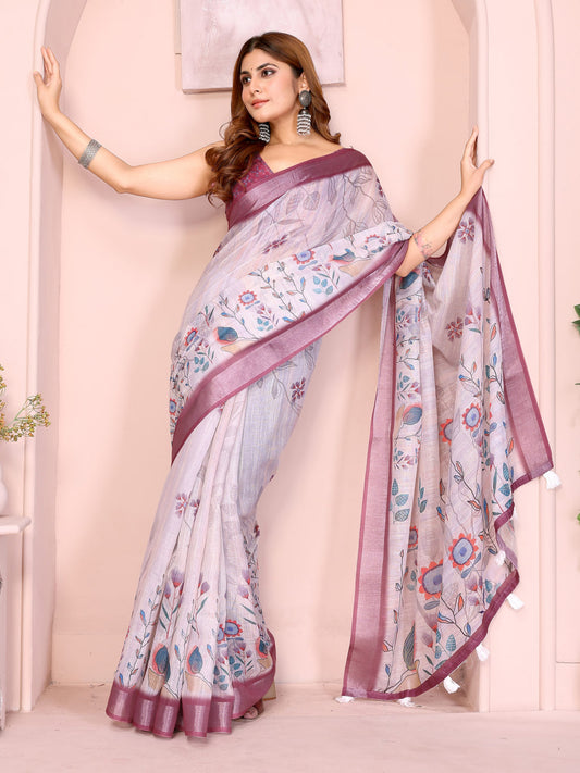 Premium Linen Cotton Floral Printed Saree with Elegant Mauve Border