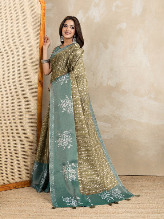 Premium Linen Cotton Floral Printed Saree with Elegant Sage Green Border