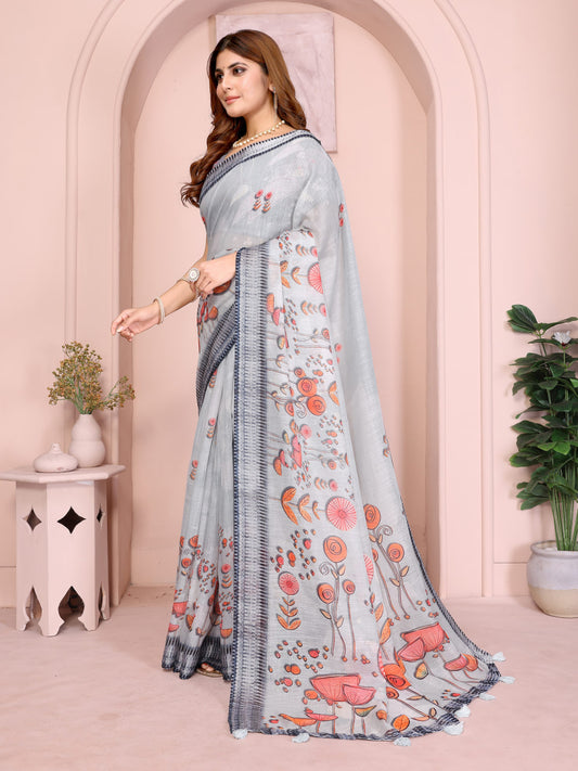 Premium Linen Cotton Floral Printed Saree with Elegant Grey Border