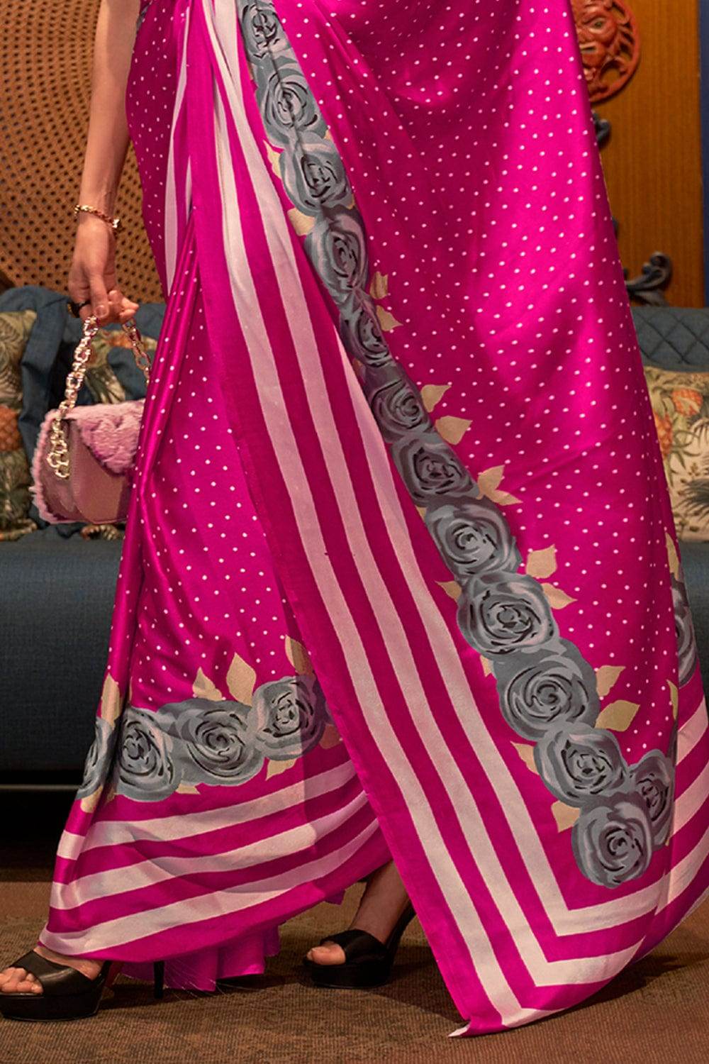 Fuschia Pink Satin Silk Saree