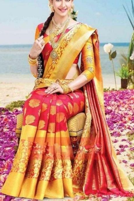 Actress Designer Yellow And Red Ruffle Designer Saree