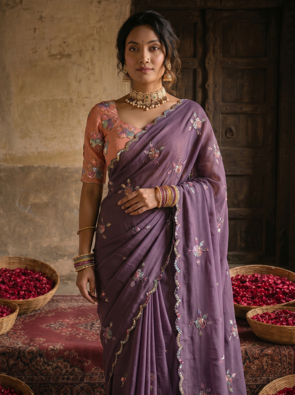 Dusty lavender georgette embroidered saree with floral sequin work peach designer blouse