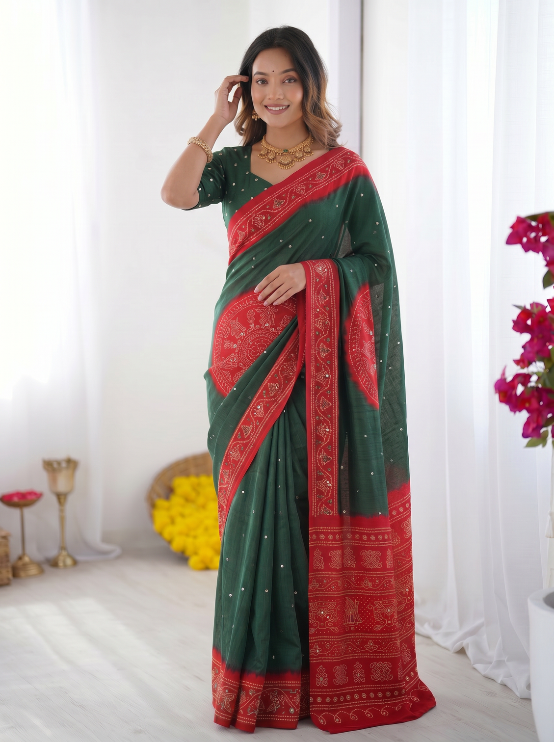 Bottle green ruby red bandhani inspired cotton silk saree with traditional folk print border designer pallu mameraa