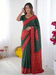 Bottle green ruby red bandhani inspired cotton silk saree with traditional folk print border designer pallu mameraa