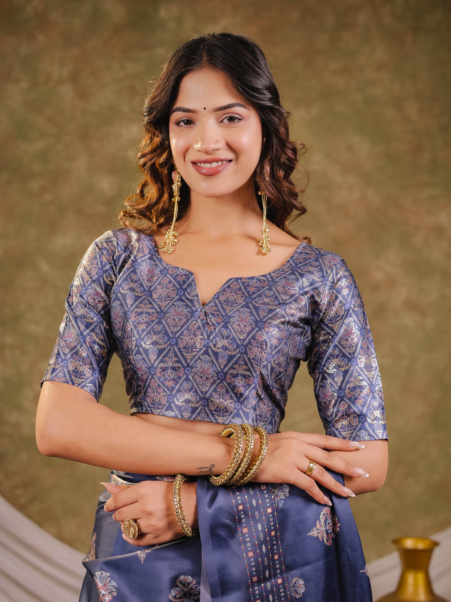 Navy Blue Pure Chinnon Ajrakh Printed Saree with Tassel Edges, Traditional Ethnic Print & Matching Blouse Piece
