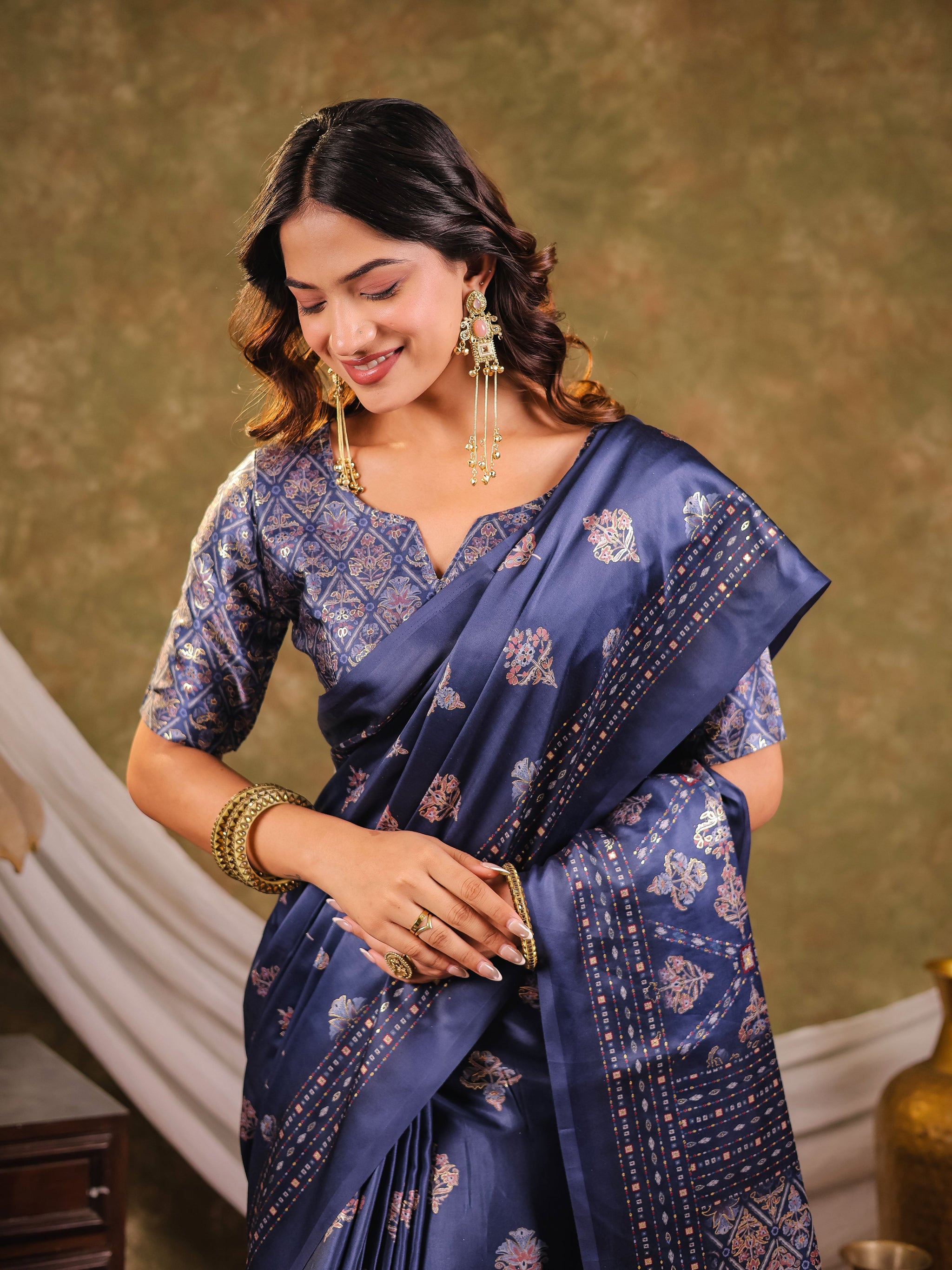 Navy Blue Pure Chinnon Ajrakh Printed Saree with Tassel Edges, Traditional Ethnic Print & Matching Blouse Piece