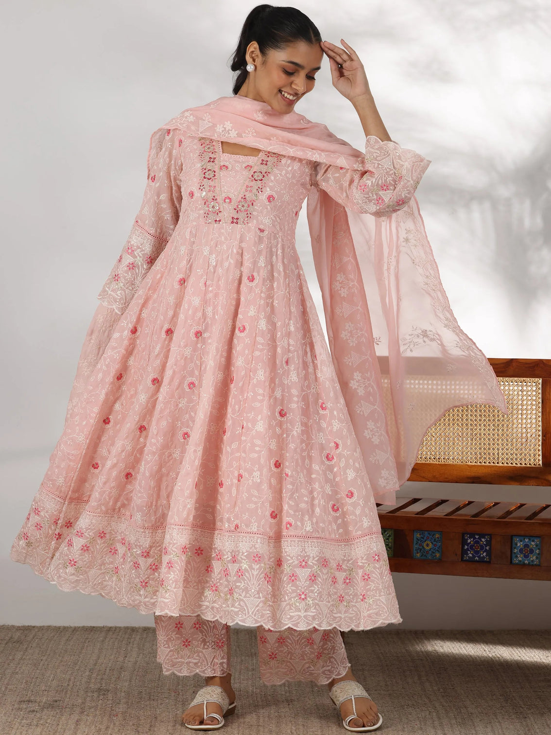 Mameraa Pink Embroidered Organza Anarkali Suit With Dupatta